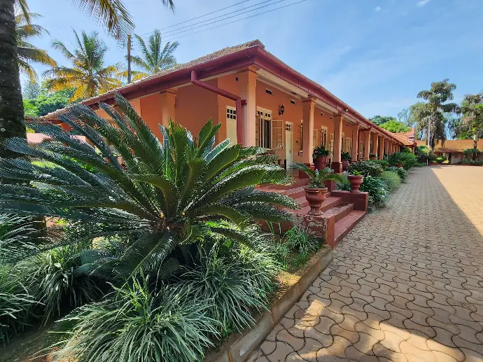 Exterior of a red-roofed guest room block lined with palm trees at Masindi Hotel